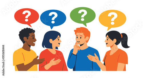 Group of diverse people discussing and thinking together, showing questions in speech bubbles about solutions and new ideas