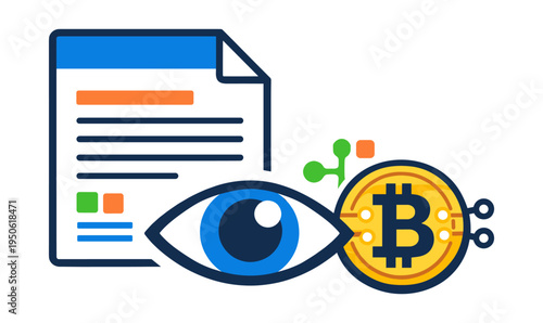 Eye observing Bitcoin and blockchain data on a digital document, representing cryptocurrency analysis, financial transparency, and digital audit