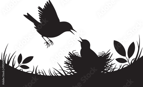 Silhouette illustration of a bird feeding its chicks in a nest with foliage detail