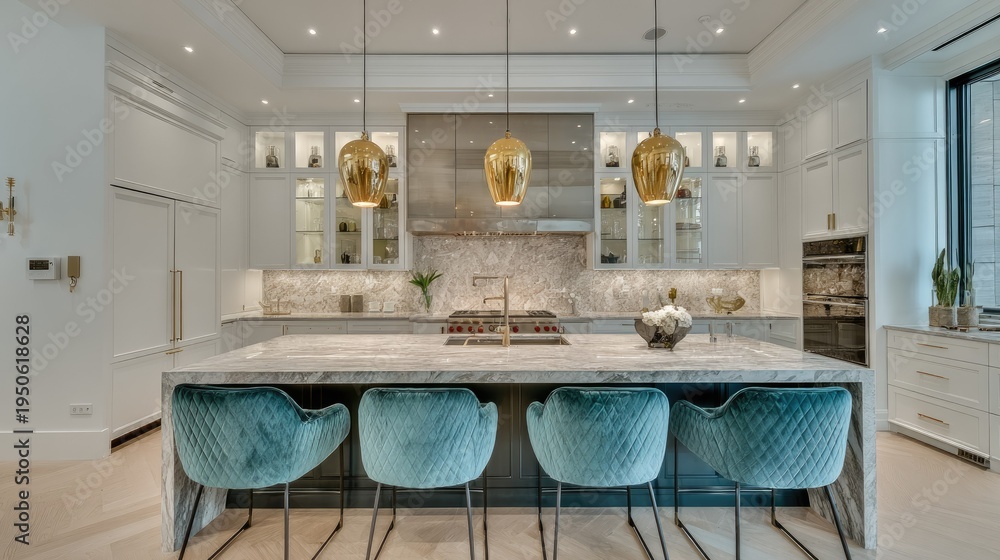Fototapeta premium Luxurious modern kitchen with island seating and elegant pendant lights.