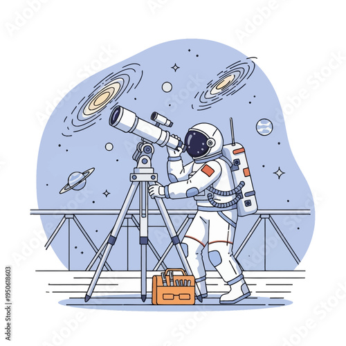 Flat vector illustration of an astronaut in a white spacesuit using a large telescope on a tripod to observe spiral galaxies and planets from a railing-lined space station platform.