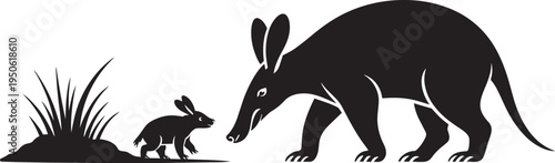 Silhouette illustration of an adult aardvark and a baby aardvark with tall grass