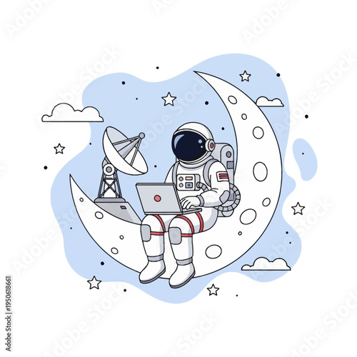 Vector illustration of a cartoon astronaut in a white spacesuit sitting on a large crescent moon while using a laptop computer next to a satellite dish with stars and clouds.