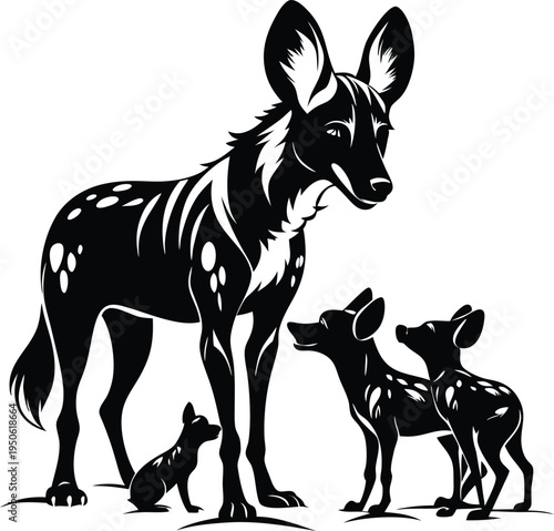 A black and white artistic illustration of an african wild dog mother with her three little pups