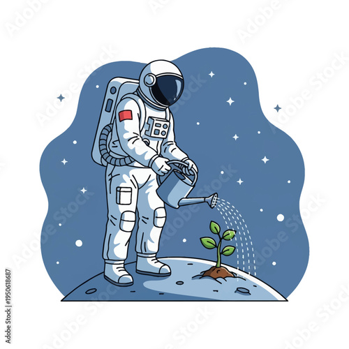 Vector illustration of an astronaut in a white space suit watering a small green plant with a watering can on a planetary surface against a starry dark blue background.