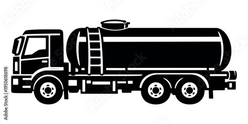 Fuel tanker truck carrying gas or oil, a black and white silhouette illustrating heavy vehicle transportation and energy supply