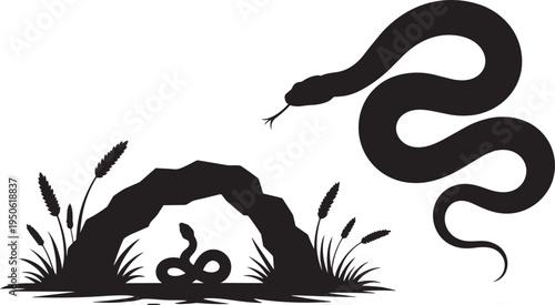 Silhouette of a large snake coiled above a smaller snake emerging from water and reeds