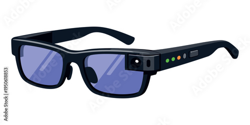 Smart glasses featuring a camera and digital display, representing wearable technology and augmented reality on a white background