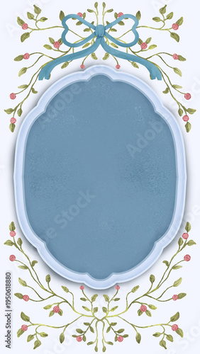 Classic Blue Oval Frame with Delicate Floral Vines and Ribbon Ornament