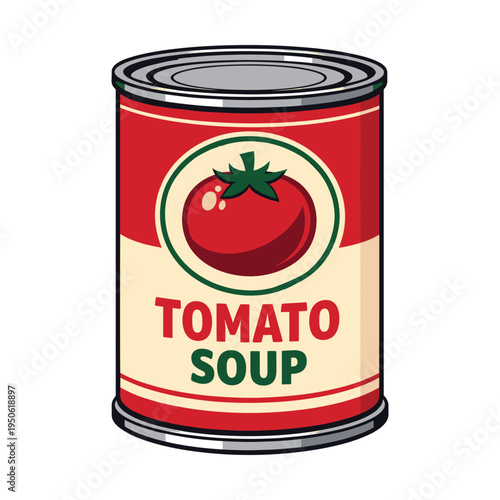 Red tin can of tomato soup with a large tomato icon, a pop art style vector illustration of canned food product