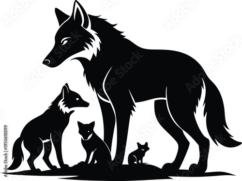 A minimalist black and white silhouette illustration of a wolf family standing together on land
