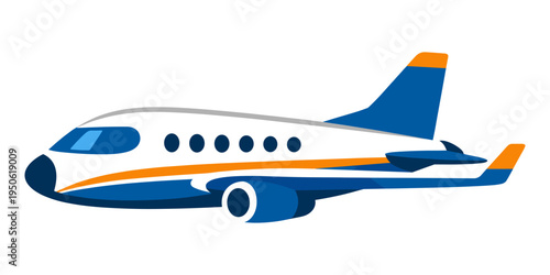 Private jet airplane flying, representing business travel, luxury transportation, and global aviation. Flat vector graphic