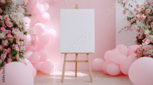 A blank white welcome sign displayed on an easel. Adorning the front of the wedding entrance archway. Pink bow floral themed party.