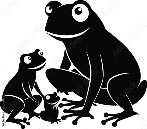 A cute black and white silhouette illustration featuring a family of three frogs together as one