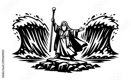 Prophet Moses raising his staff, divinely parting the waters for the exodus. A religious miracle concept