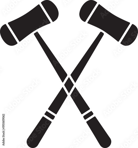 Two crossed blacksmithing hammers with white detailing on handles