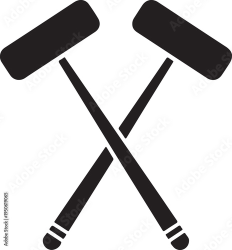 Two crossed blacksmithing hammers with cylindrical heads and long handles.