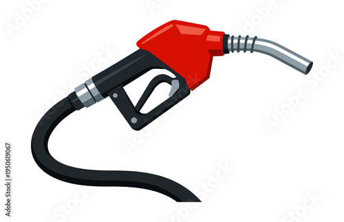 Red and black gas pump nozzle attached to a hose, dispensing fuel for vehicles at a gas station