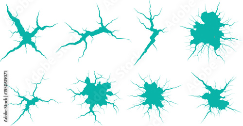 Set of cracks and impact holes on the surface, vector illustration of broken texture elements for design