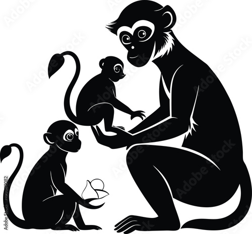 A black and white vector illustration depicting a mother monkey with her two adorable young babies