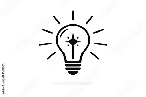 A simple black line art icon of a glowing light bulb on with radiating lines