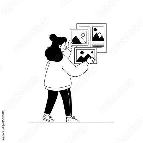 illustration of a person arranging photo frames on a wall for gallery display or vector illustration of a person arranging frames for wall art display
