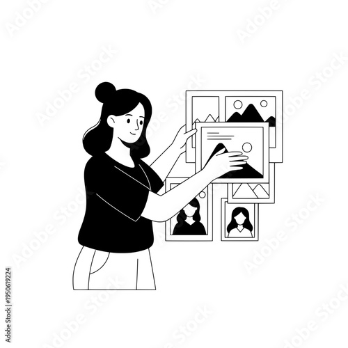 photo wall display illustration for gallery wall ideas and framing style or illustrated setup of a person arranging photo frames on a wall