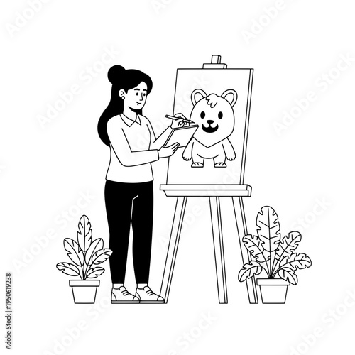 artist painting a cute bear on an easel in clean line art illustration or line art illustration of a painter creating a bear portrait on canvas