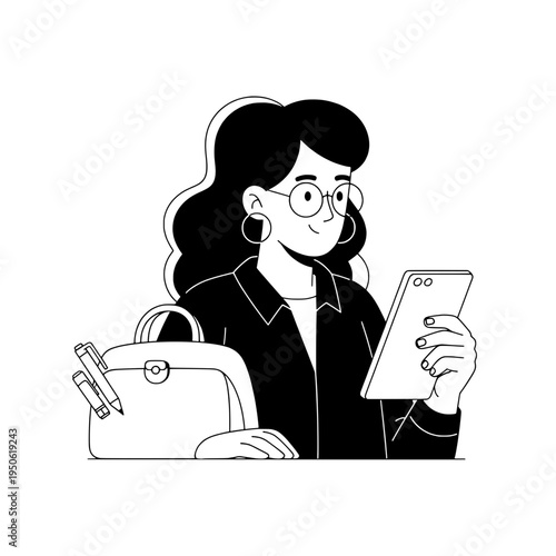 student illustration line art with glasses using tablet and backpack or professional line art character studying with tablet backpack elegant design