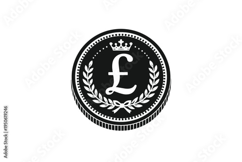 Black and white illustration of a british pound coin with laurel wreath and crown