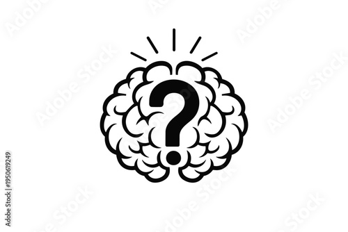 A black and white illustration of a brain with a question mark inside it