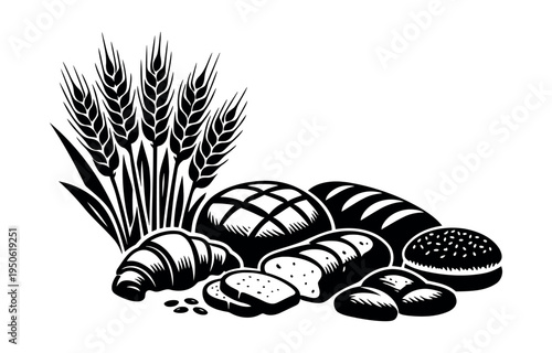 Assorted baked goods including loaves, sliced bread, a croissant, dinner rolls, and a burger bun, alongside wheat stalks