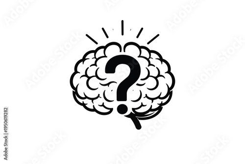 A black and white illustration of a brain with a question mark inside it