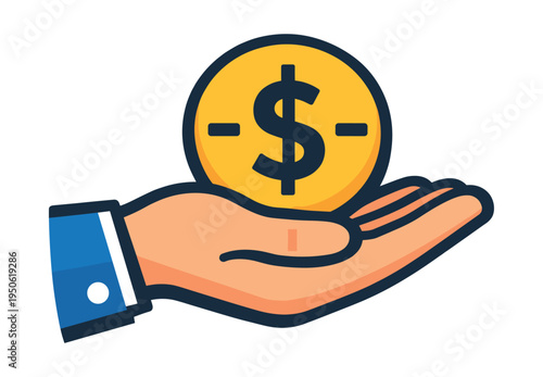 Cupped hand holding a golden dollar coin, representing various monetary actions like giving, receiving, paying, and saving