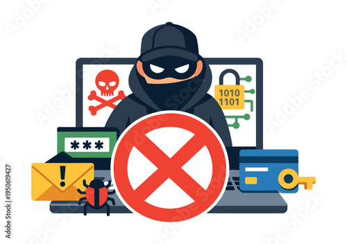 Hacker figure in front of a laptop with malware, padlock, credit card, and envelope icons, with a stop sign concept