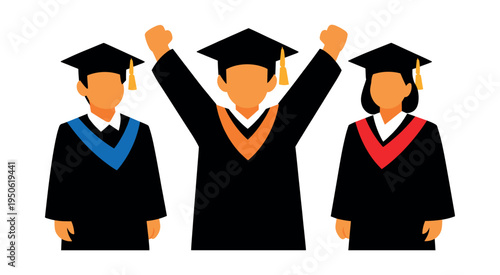 Students celebrating graduation, raising arms in triumph, marking an important academic achievement and educational milestone