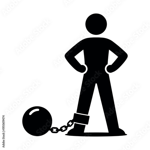 Person icon standing with ball and chain on leg. Representing freedom loss, slavery, prisoner, burden, debt, confinement, restriction