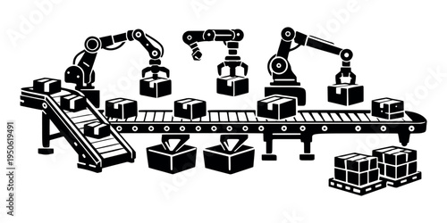 Robotic arms processing and moving packages along an assembly line, representing industrial automation, production, and warehouse logistics