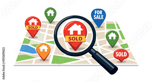 Real estate map showing house location pins, some marking properties for sale and others sold, with a magnifying glass