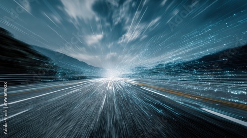 Fast moving data streams on highway at night