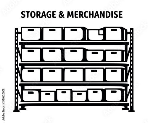 Warehouse shelving unit holding multiple storage boxes, symbolizing merchandise organization, retail inventory, and distribution logistics