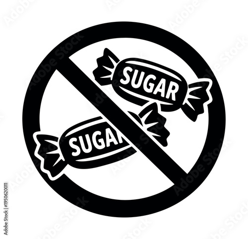 Conceptual black and white icon illustrating a prohibition sign over sugar candies, representing no sugar and diet restrictions