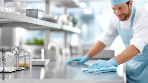 Male chef in blue apron and gloves cleans stainless steel countertop in modern kitchen, with glass containers and kitchen equipment arranged neatly in the background