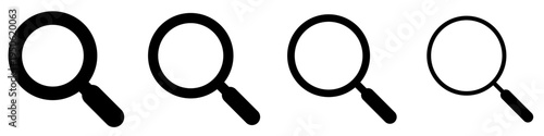Magnifying glass and search icons set. Discovery and analysis symbols. Search web icons with different line weights. Vector illustration.