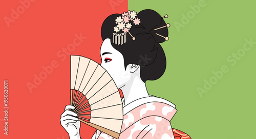 Elegant Geisha Holds Fan, Hiding Face, Traditional Japanese Art Style