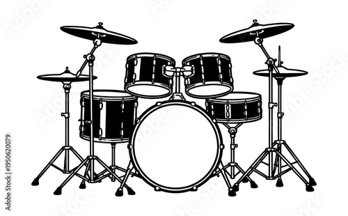 Black and white drum kit illustration creating percussive sounds and rhythms for music, a band or concert