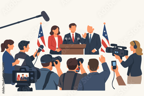 Professional flat vector illustration of a political press conference with politicians speaking at a podium surrounded by reporters, photographers, and media cameras with American flags behind.