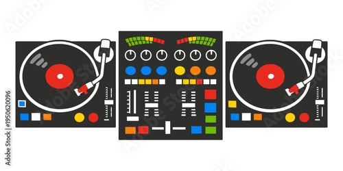 DJ console with two vinyl record players and a central mixer, representing music performance and entertainment equipment