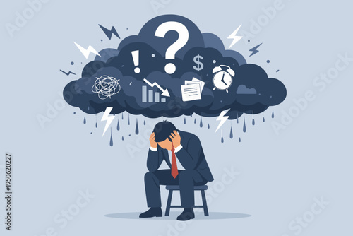 Stressed Businessman Sitting on a Stool with a Heavy Dark Cloud of Problems, Question Mark, and Financial Stress Symbols Over His Head; Concept of Burnout, Anxiety, and Mental Health at Work.