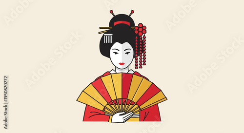 Japanese Geisha Woman Traditional Kimono Holding Fan